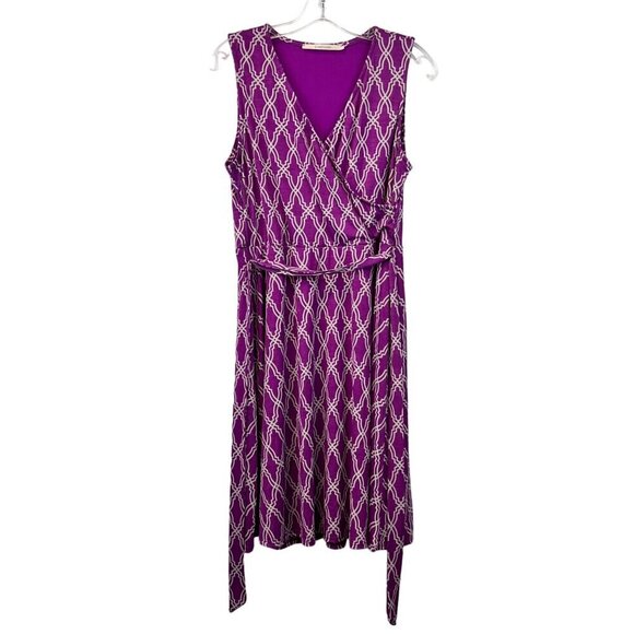 Hawthorn Women’s V-Neck Surplice A-Line Knee Length Dress Purple/Gray Tie L - Picture 1 of 9
